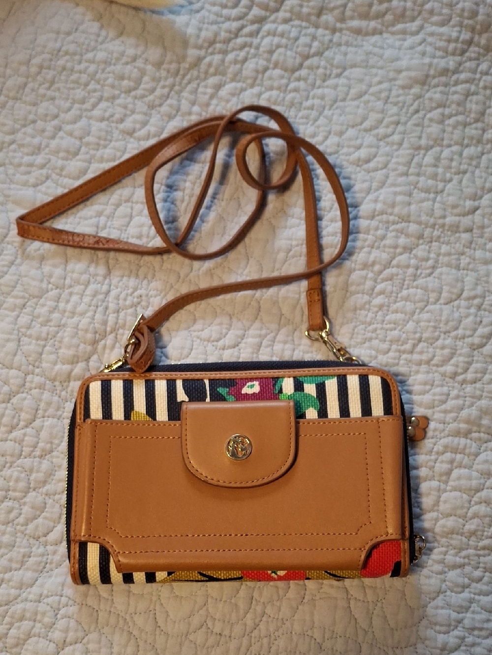 Spartina 449 Tan Crossbody Wallet with Black-and-White Stripe and Floral Accents